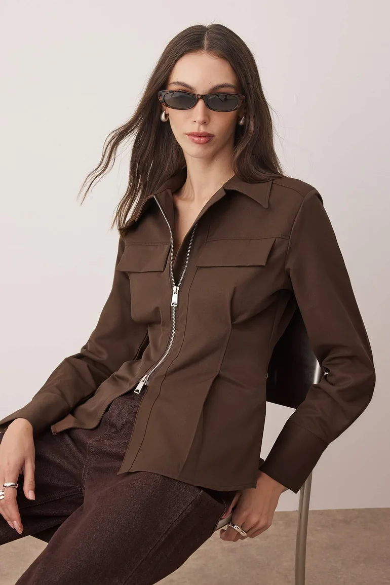 Dark Brown Zipper Detailed Shirt - 7