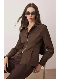 Dark Brown Zipper Detailed Shirt - 7
