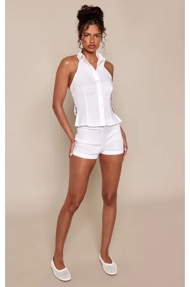 White Poplin Button Up Sleeveless Collared Waistcoat Co-ord