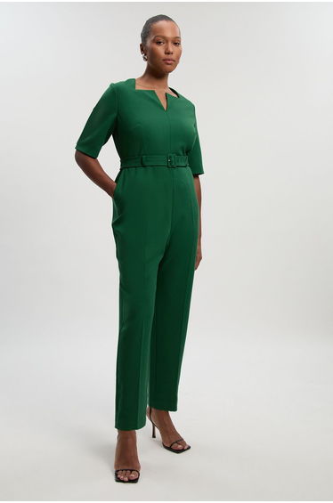 Plus Size Structured Crepe Forever Notch Neck Belted Tailored Jumpsuit