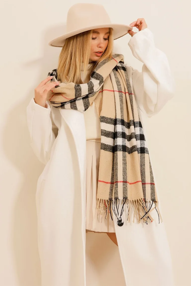 Women's Beige Checked Shawl - 1