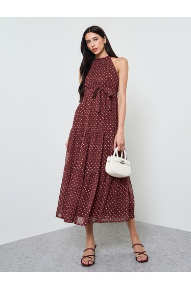 Brown Polka Dot Tiered Maxi Dress