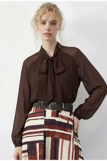 LUCCI Choker Collar Chiffon Blouse with Tie Detail