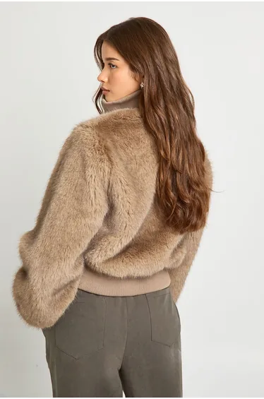 Faux Fur Rib Trim Bomber - light brown
