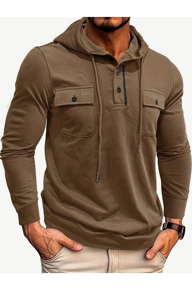 Men Hooded Half-Button Pocket Detail T-Shirt