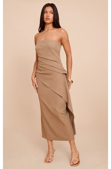 Mushroom Woven Ruched Drape Detail Dress