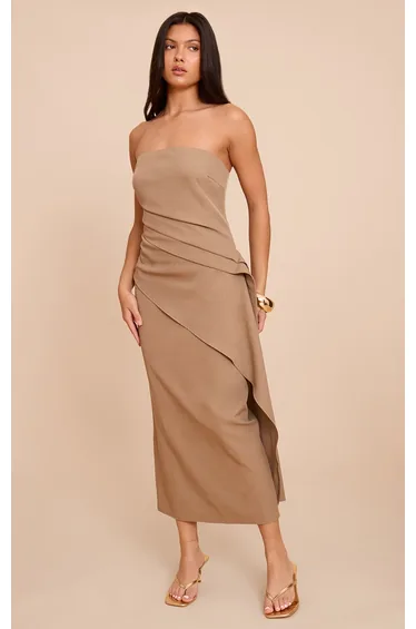 Mushroom Woven Ruched Drape Detail Dress