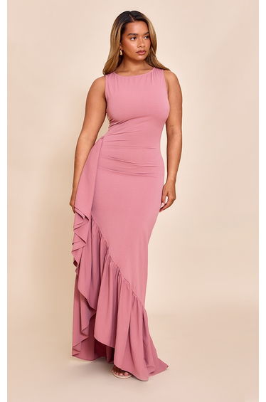 Shape Rose Stretch Woven Boat Neck Side Split Frill Maxi Dress