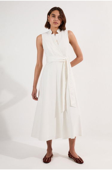 Denim Tailored Notch Neck Belted Fluid Midi Dress