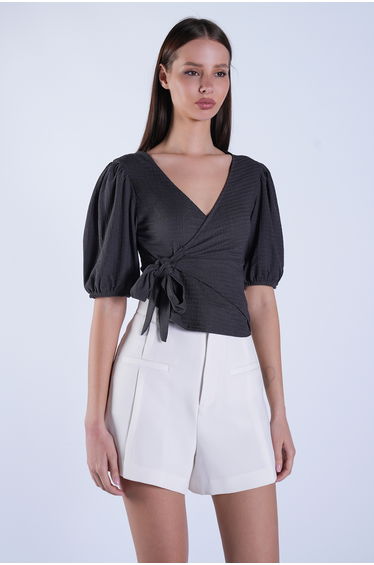 Anthracite Balloon Sleeve Double Breasted Waist-Tied Blouse