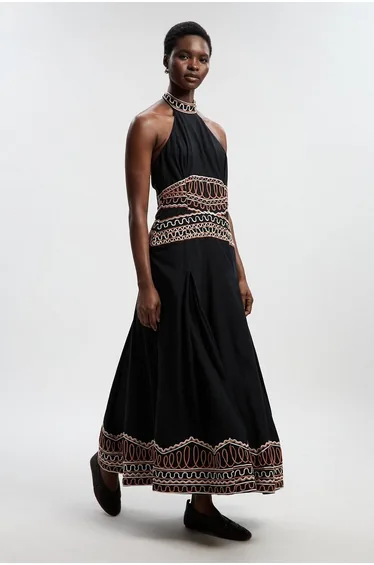 Embroidered Cotton Linen Woven Halter Dress