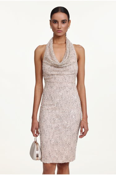 Pablo Chic Contour Halter Cowl Neck Sequin Midi Dress