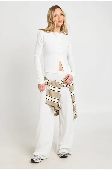 Petite Rib Button Through Long Sleeve Top and Wide Leg Trouser Co-ord - cream