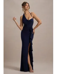 Lucena | Navy Cowl-Neck Wrap Floor Length Dress With Floral Drape - 4