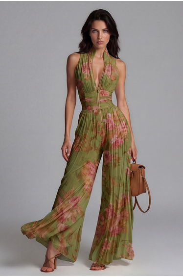 Sera Zipper Ruch Jumpsuit In Green