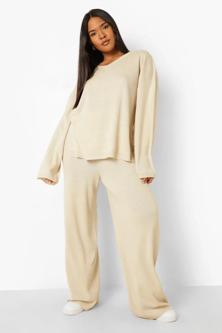 Plus Knitted V Neck Side Split Trouser Set - stone - 3