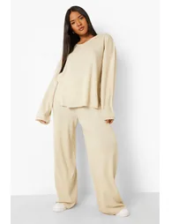 Plus Knitted V Neck Side Split Trouser Set - stone - 3