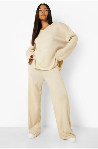 Plus Knitted V Neck Side Split Trouser Set - stone