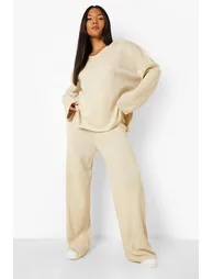 Plus Knitted V Neck Side Split Trouser Set - stone