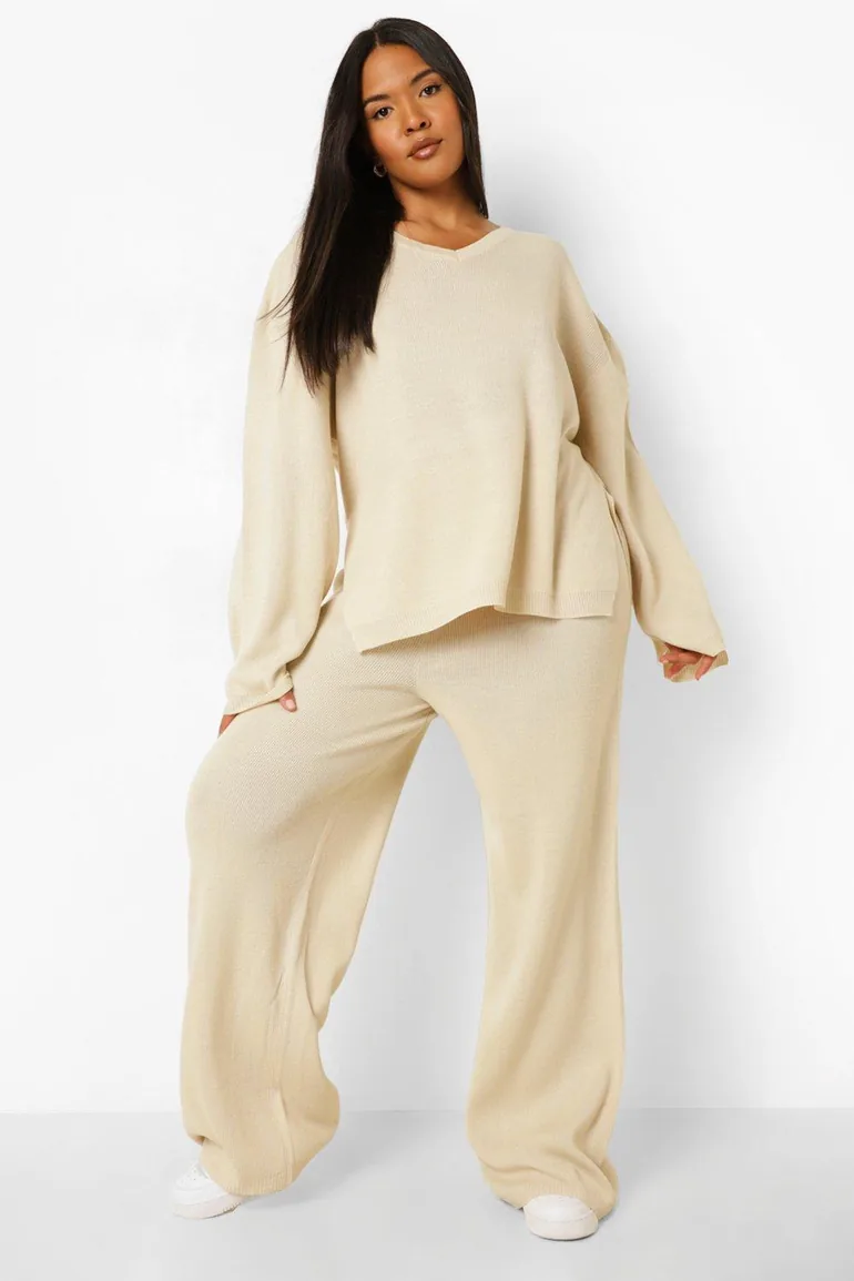 Plus Knitted V Neck Side Split Trouser Set - stone - 2