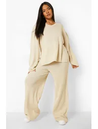 Plus Knitted V Neck Side Split Trouser Set - stone - 2