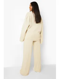 Plus Knitted V Neck Side Split Trouser Set - stone - 1