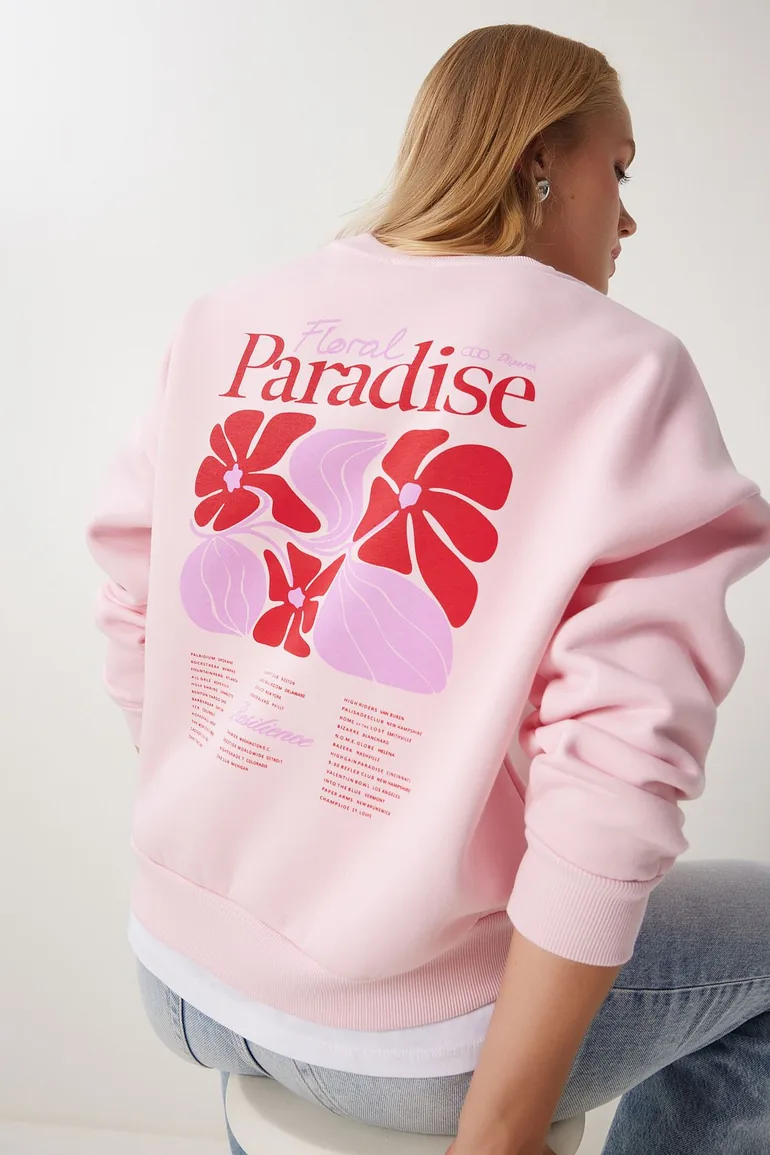 Women's Pink Printed Raised Knitted Sweatshirt