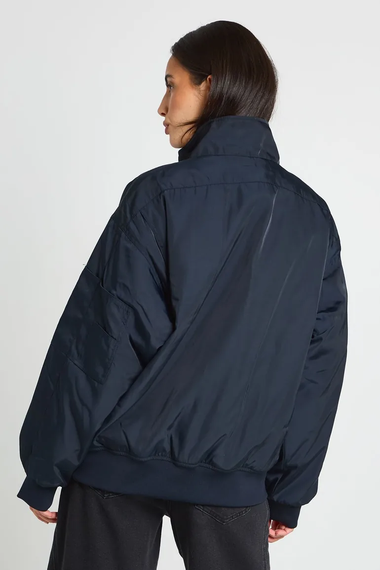 Collared Oversized Bomber Jacket - navy - 1