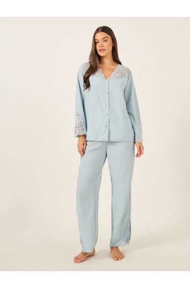 Lace Insert Button Front Shirt and Pyjama Set