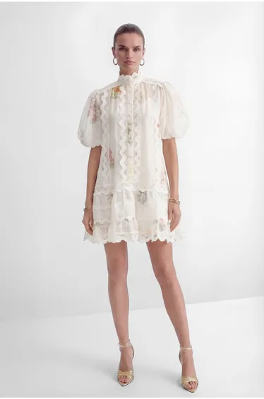 Whimsical Beauty Cream White Floral Print Lace Trim Mini Dress