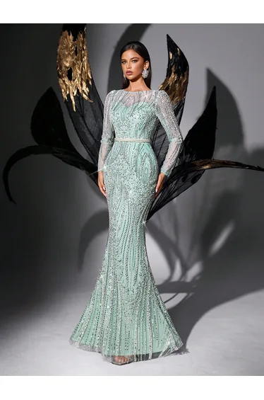 QOQ Green Sequin Mermaid Evening Dress