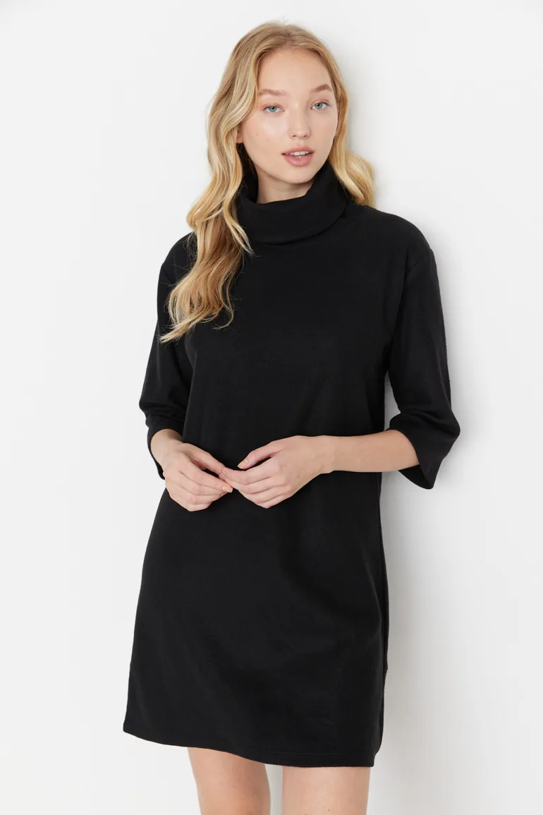 knee length dresses for ladies Naima Black Fluffy Knit Mini Jumper Dress | Knit Wear