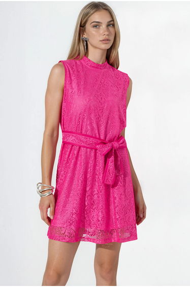 MSN Belted Strapless Lace Mini Dress