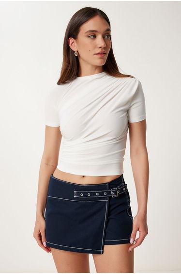 Women's Ecru Gathered Sandy Knitted Blouse