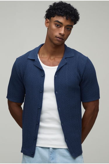 Regular Textured Revere Knitted Shirt - denim