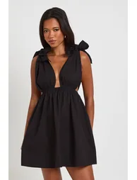 Cotton Poplin Tie Shoulder Mini Skater Dress - black - 1