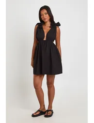Cotton Poplin Tie Shoulder Mini Skater Dress - black