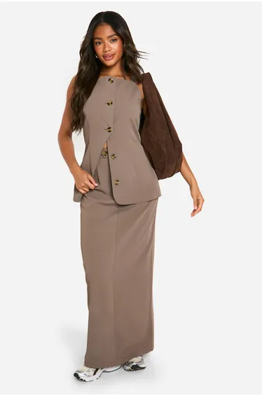 High Square Neck Longline Waistcoat - mocha