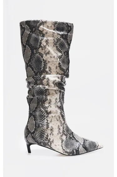 Snake Print PU Wide Fit Gathered Low Heel Knee High Boots