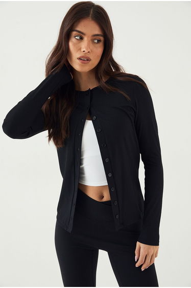 DSGN Studio Sculpt Rib Button Through Long Sleeve Top - black
