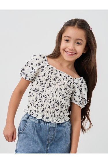 Girls Floral Print Smocked Blouse with Short Sleeves