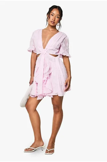 Burnout Floral Angel Sleeve Skater Dress - light pink