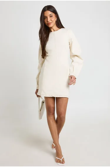 Barrel Sleeve Denim Mini Dress - ecru