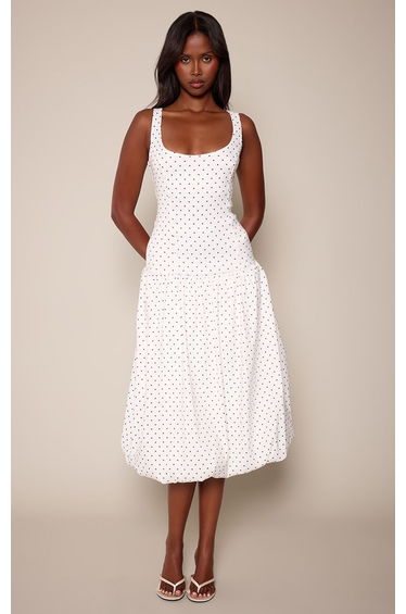 White Polka Dot Stretch Woven Drop Waist Balloon Hem Midi Dress