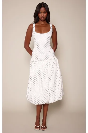 White Polka Dot Stretch Woven Drop Waist Balloon Hem Midi Dress