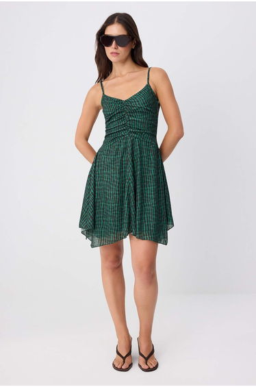 Multi Color Abstract Skater V-Neck Sleeveless Shirred Mini Tulle Lined Knitted Dress