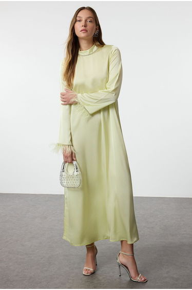 Light Khaki Otrisch Detailed Satin Woven Evening Dress
