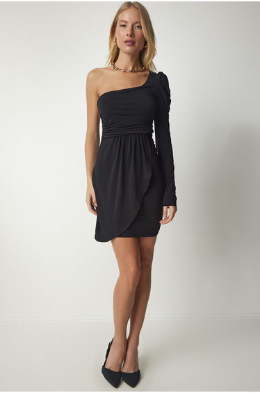 Women's Black Draped One-Shoulder Sandy Dress