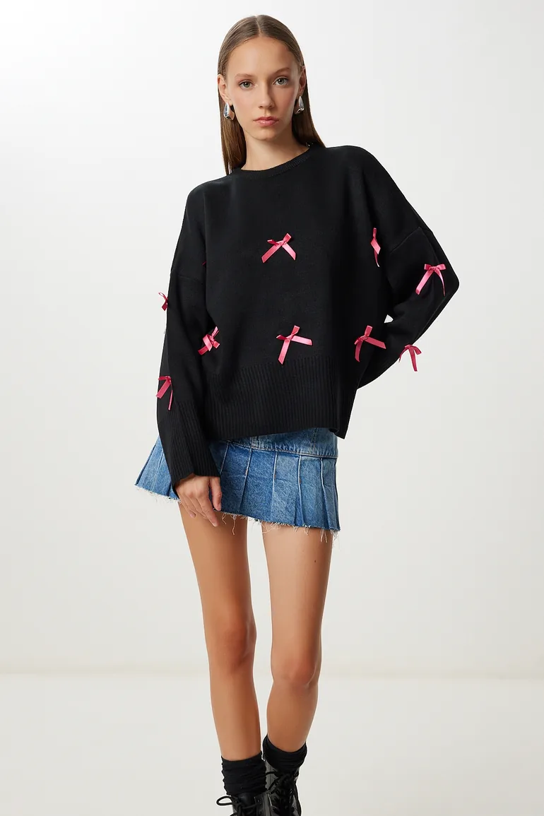 Women's Black Bow Detailed Knitwear Sweater - 1