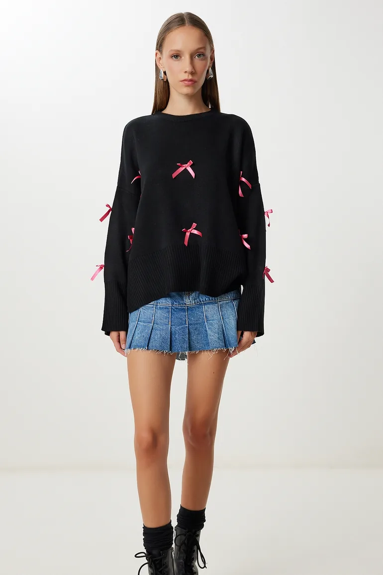 Women's Black Bow Detailed Knitwear Sweater - 2